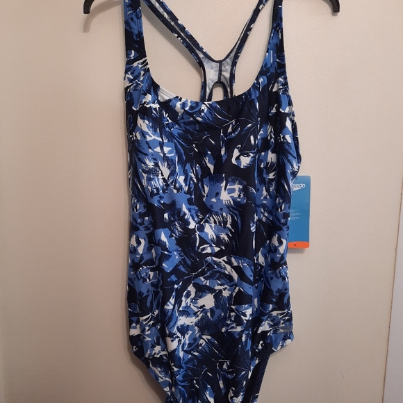 Speedo Blue White and Navy Palm Leaf Print Swimsuit One Piece - Picture 3 of 16